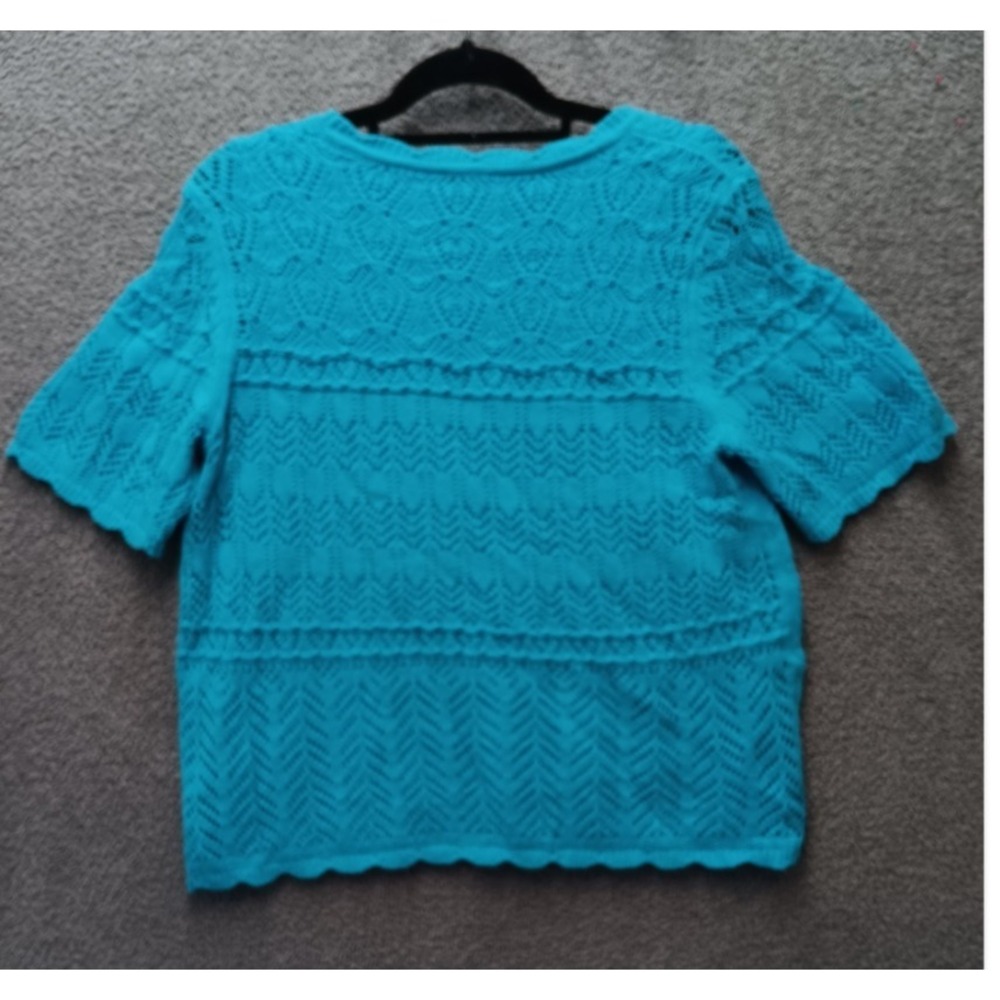 Talbots Lace Knit Top Womens Large Blue Short Sleeve Scalloped Hem Cottage Beach